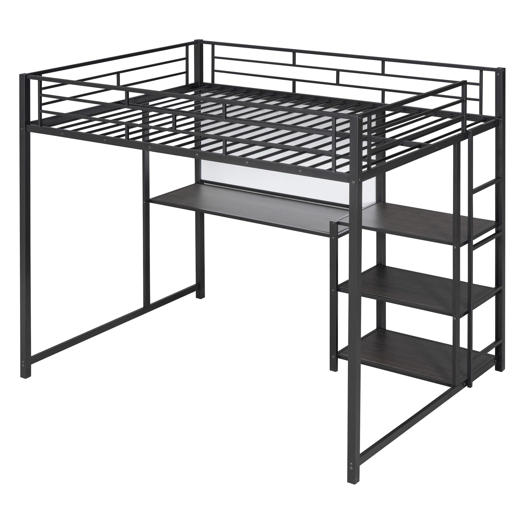 Full Size Loft Bed with Desk and Storage Shelves, Metal Loft Bed Full Size with Whiteboard and 3-Tier Shelves, Full Size Loft Bed for Kids, Teens (Black Full)