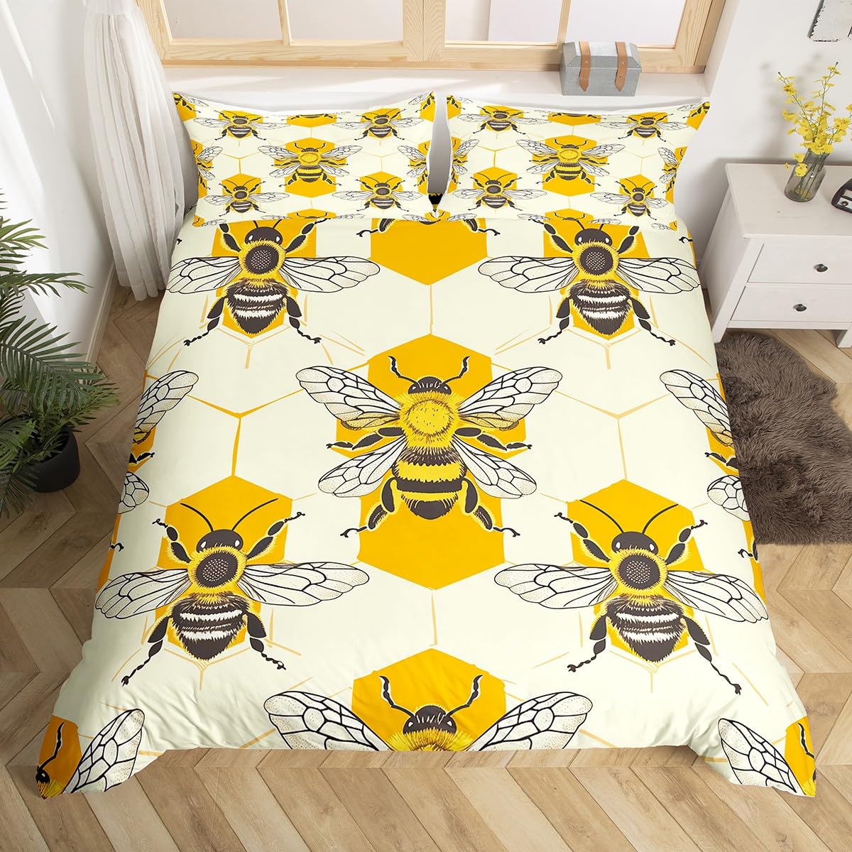 Feelyou Animal Bee Bedding Set Geometric Honeycomb Duvet Cover for Kids Boys Girls Animal Bee Comforter Cover Twin Size Bedspread Cover