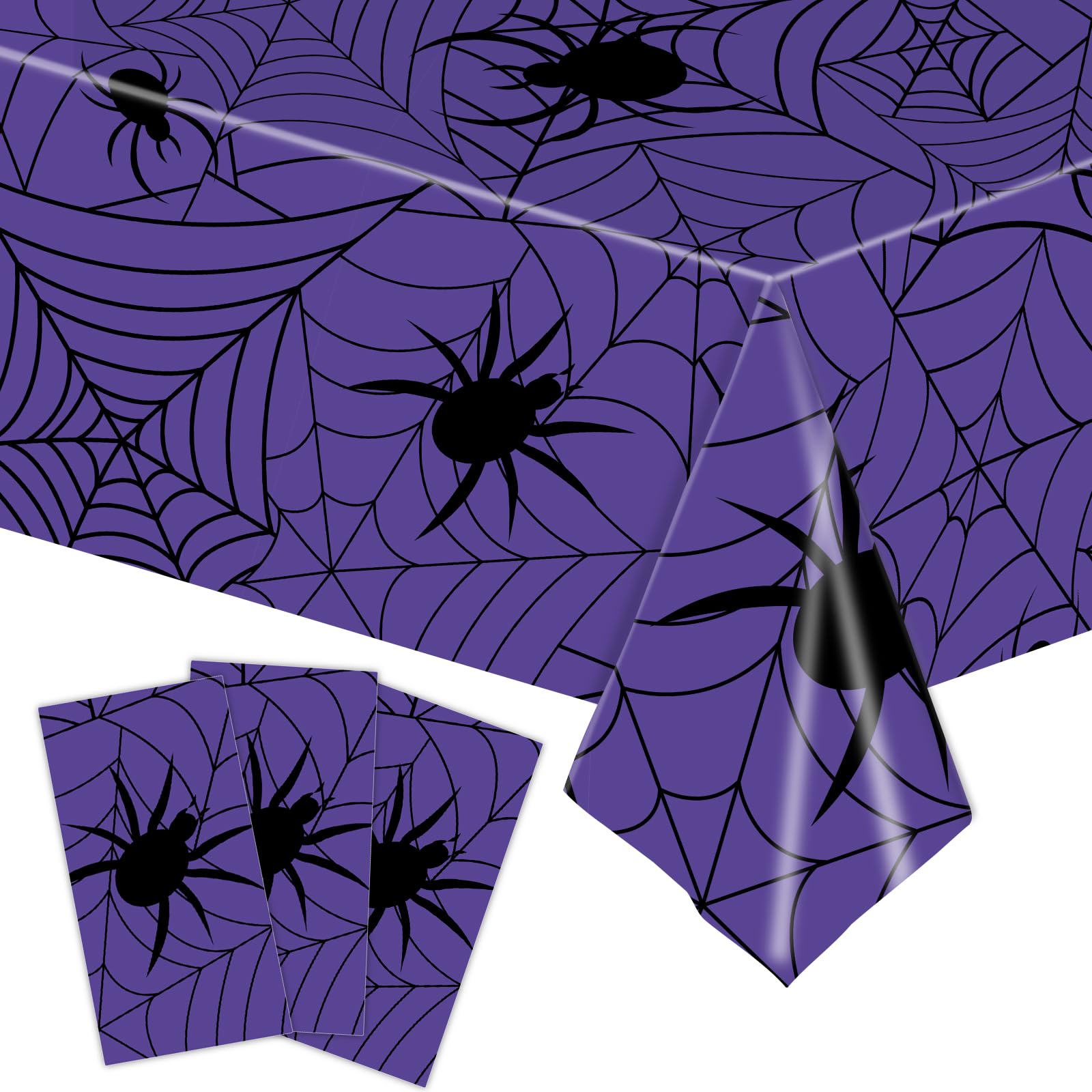 Mocsicka 3Pcs Halloween Tablecloth Disposable Spider Wed for Halloween Party Decorations Halloween Party Plastic Table Cloth Supplies for Birthday Baby Shower Cake Table Decor (Purple, 108x54 Inch)