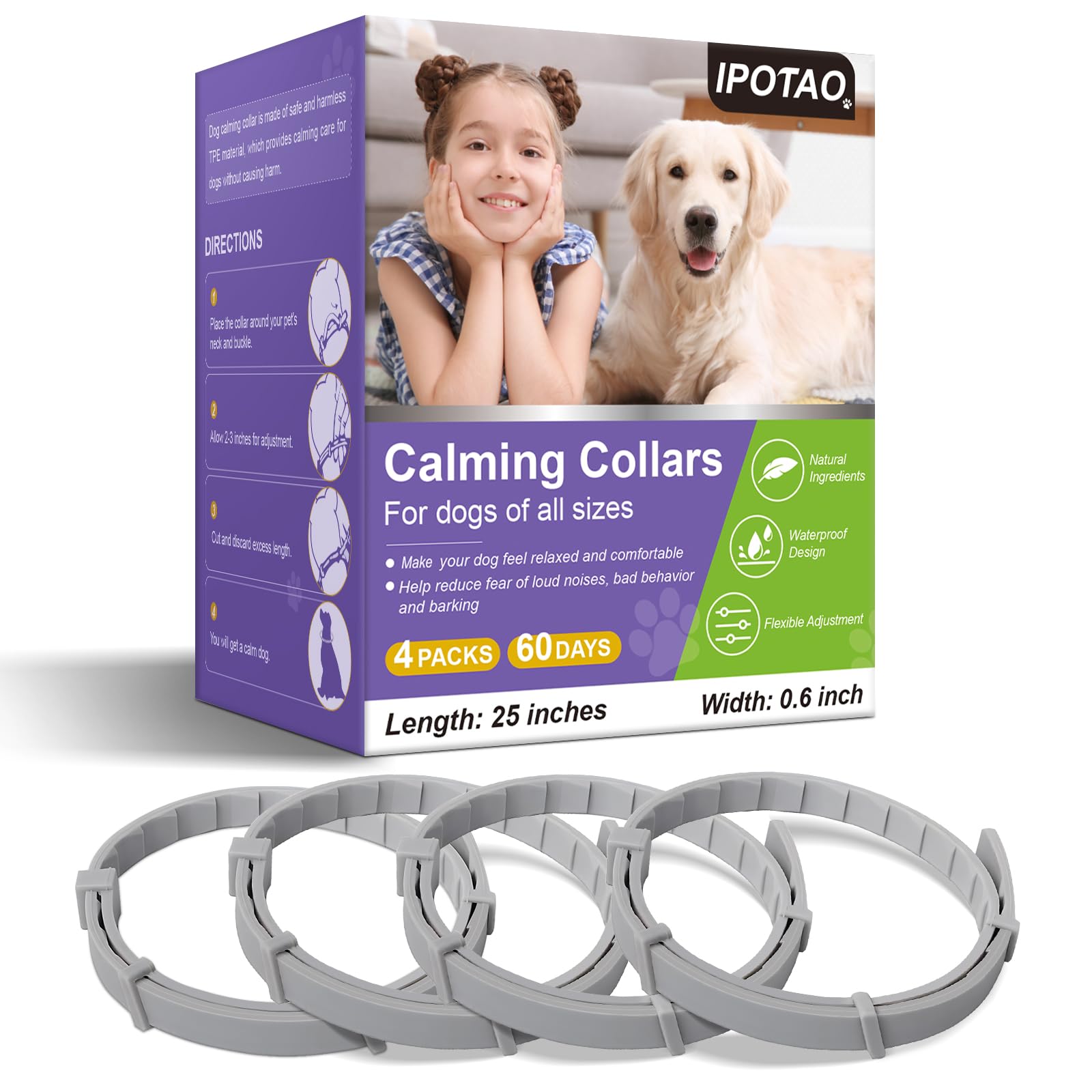 IPOTAO Relief Anxiety Stress Separation, Calming Collar for Dogs, Pheromones Calm Lasts 60 Days, Relieve Bad Behavior, Adjustable Fit All Small Medium and Large Dog Pheromone Collars, White