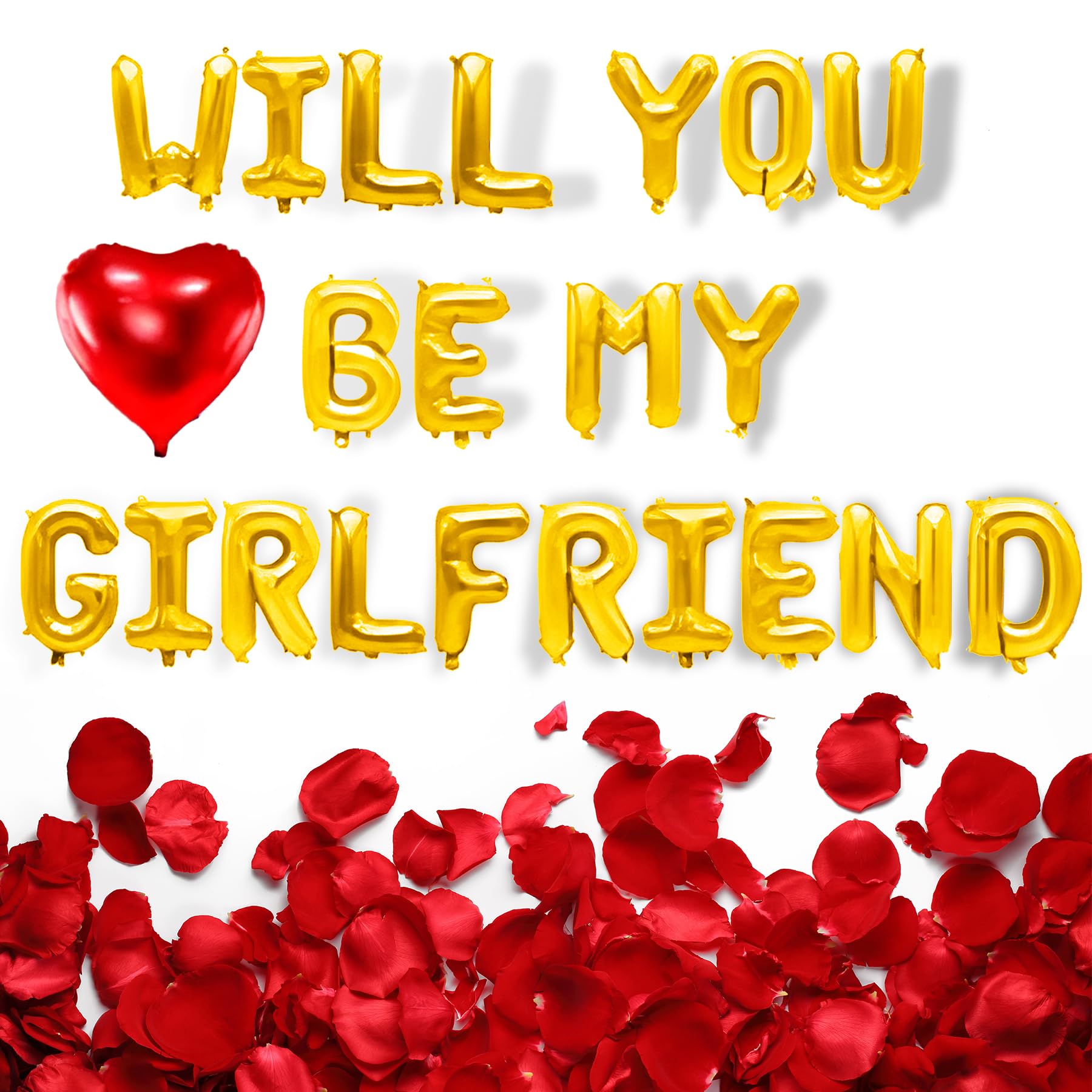 Will You Be My Girlfriend Balloons - 16'' Balloon Letters, Alphabet Foil Mylar Balloon with 200pcs Artificial Rose Petals for Valentine Day Decorations (Will You Be My Girlfriend Balloons Gold)