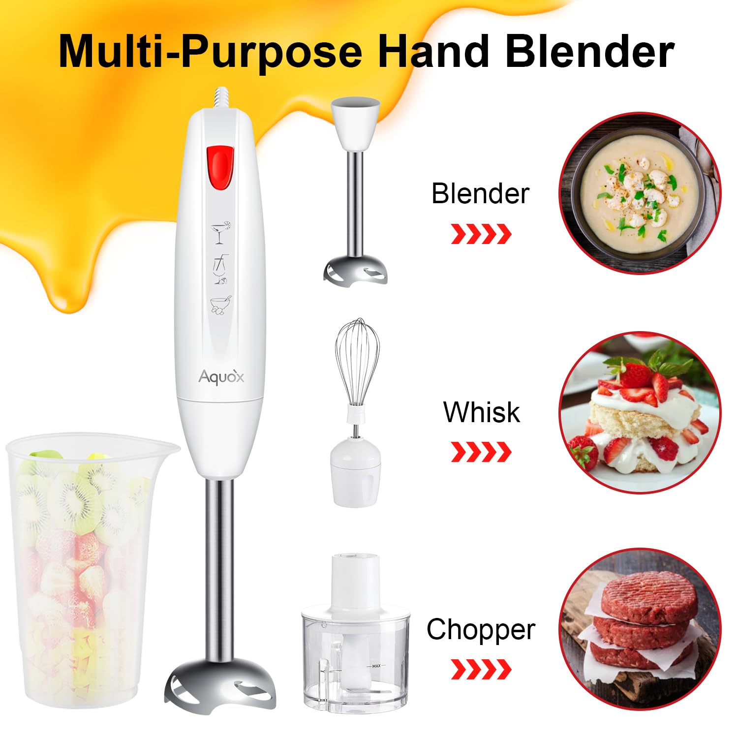 Immersion Blender Handheld Blender 4 in 1, 16000rpm Speed, 400W Turbo Motor & Ergonomic Grip Hand Blender Set, Splash-Proof Stainless Steel Blades, for Soup,Baby Food,Smoothies,Sauce,Aquox (White)