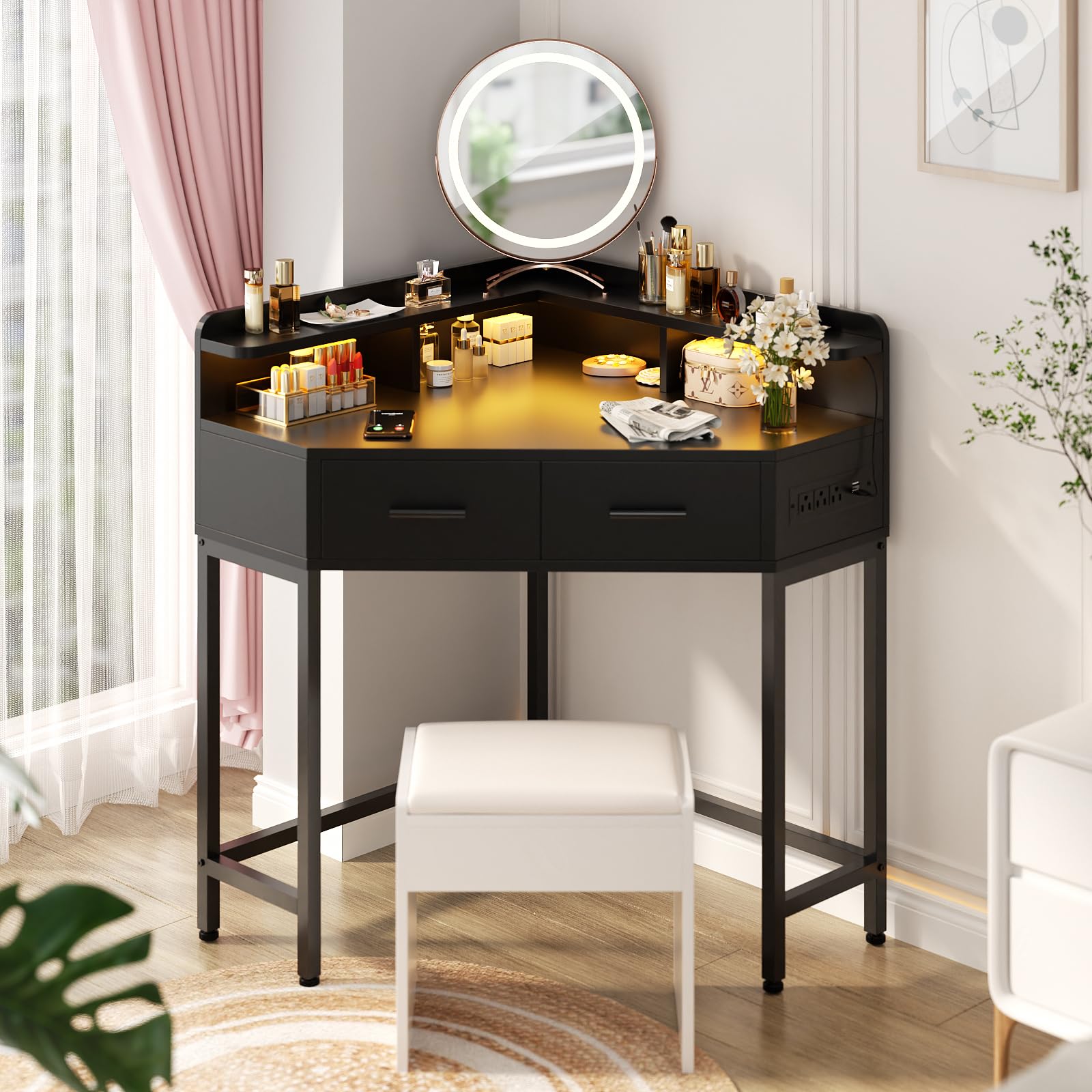 Cyclysio Corner Vanity Desk Without Mirror, Makeup Vanity Table with Lights & Power Outlets, Small Corner Vanity with Drawers for Bedroom,Small Spaces, Black