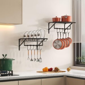 Hongtamoy 2 Packs Wall Mounted Pot Lid Rack Organizer, Hanging Pot and Pan Lid Organizer for Kitchen with 10 Upgrade Hooks, Pot Lid Holder for Cookware,Pans,Utensils Organization, Black