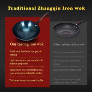 TKRADISH 13 Inch Chinese Hand Hammered Iron Wok and Stir Fry Pans with Wooden Handle and Lid Round Bottom Wok Pan Non-stick No Coating Ideal for Home Use and Gift Giving