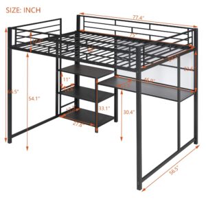 Full Size Loft Bed with Desk and Storage Shelves, Metal Loft Bed Full Size with Whiteboard and 3-Tier Shelves, Full Size Loft Bed for Kids, Teens (Black Full)