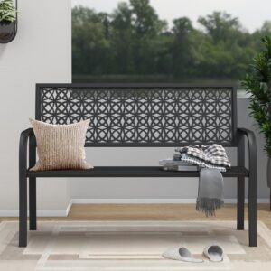 On Shine 50'' Patio Garden Bench Cast Iron Steel Outdoor Bench Clearance Weatherproof Metal Park Bench for Porch, Yard, Lawn, Deck(Black - Floral)