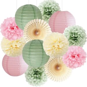 sage green and pink party decoration sage pink cream tissue paper pom poms hanging paper lanterns sage green party decorations for wedding engagement baby shower bridal shower girl birthday