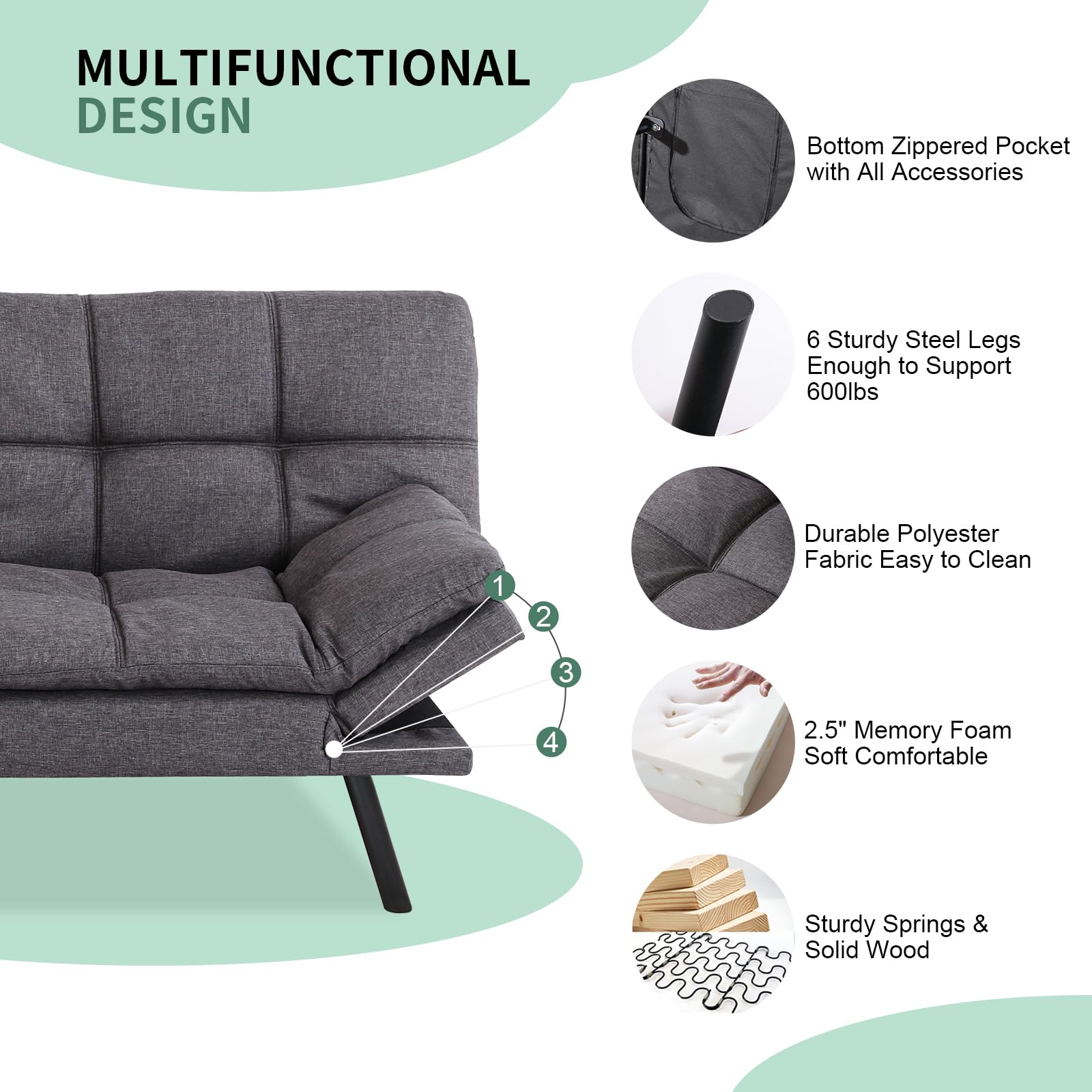 MUUEGM Futon Sofa Bed,Futon Couch,Memory Foam Futon Sofa,Convertible Sofa Bed for Compact Living Spaces,Apartment,Office,Sofa Bed Couch,71"*33"*31.5",Dark Gray Fabric