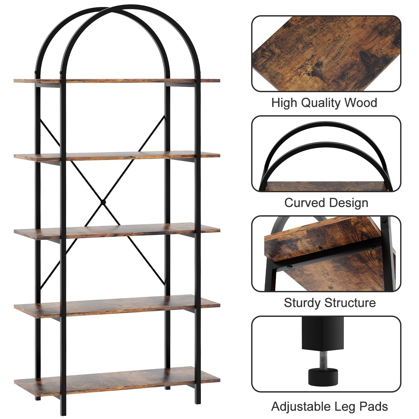 Arbuxzuy Arched Bookshelf 5 Tier Book Shelf, 31.5 Inch Width Industrial Arch Bookcase, Curved Tall Bookshelf with Open Shelves for Home Office, Living Room, Bedroom, Rustic Brown