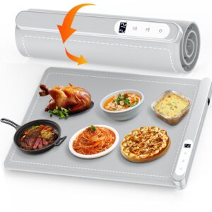 electric warming tray, food warming mat - graphene full surface heating silicone heating tray, 6 temperature settings, auto shut-off, rollable & portable food warmer for buffets party, everyday use