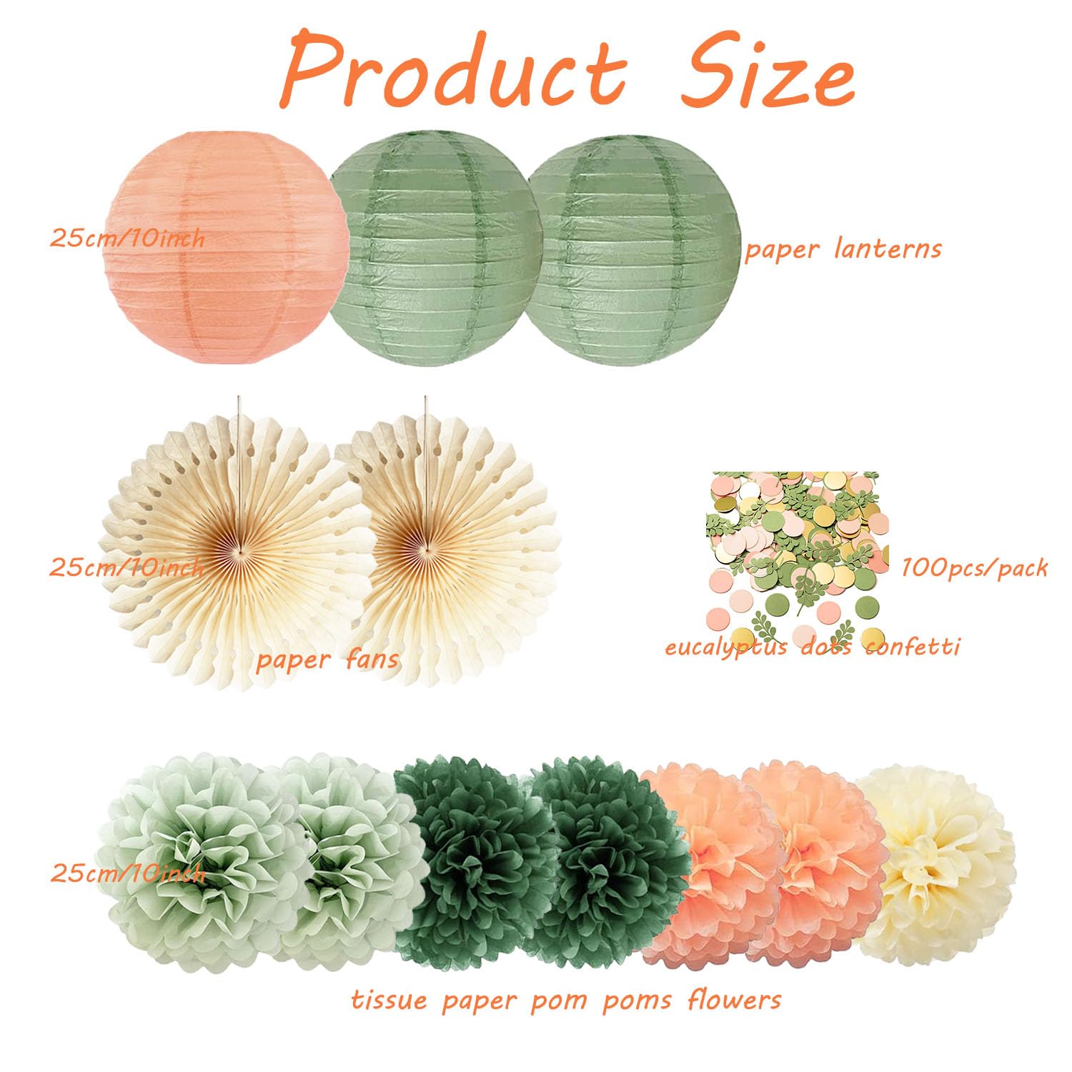 Sage Green and Peach Party Decorations Olive Green Sage Cream Peach Tissue Paper Pom Poms Lanterns Confetti Dots Scatter Table Decoration for Bridal Shower Wedding Engagement Birthday Party Decoration