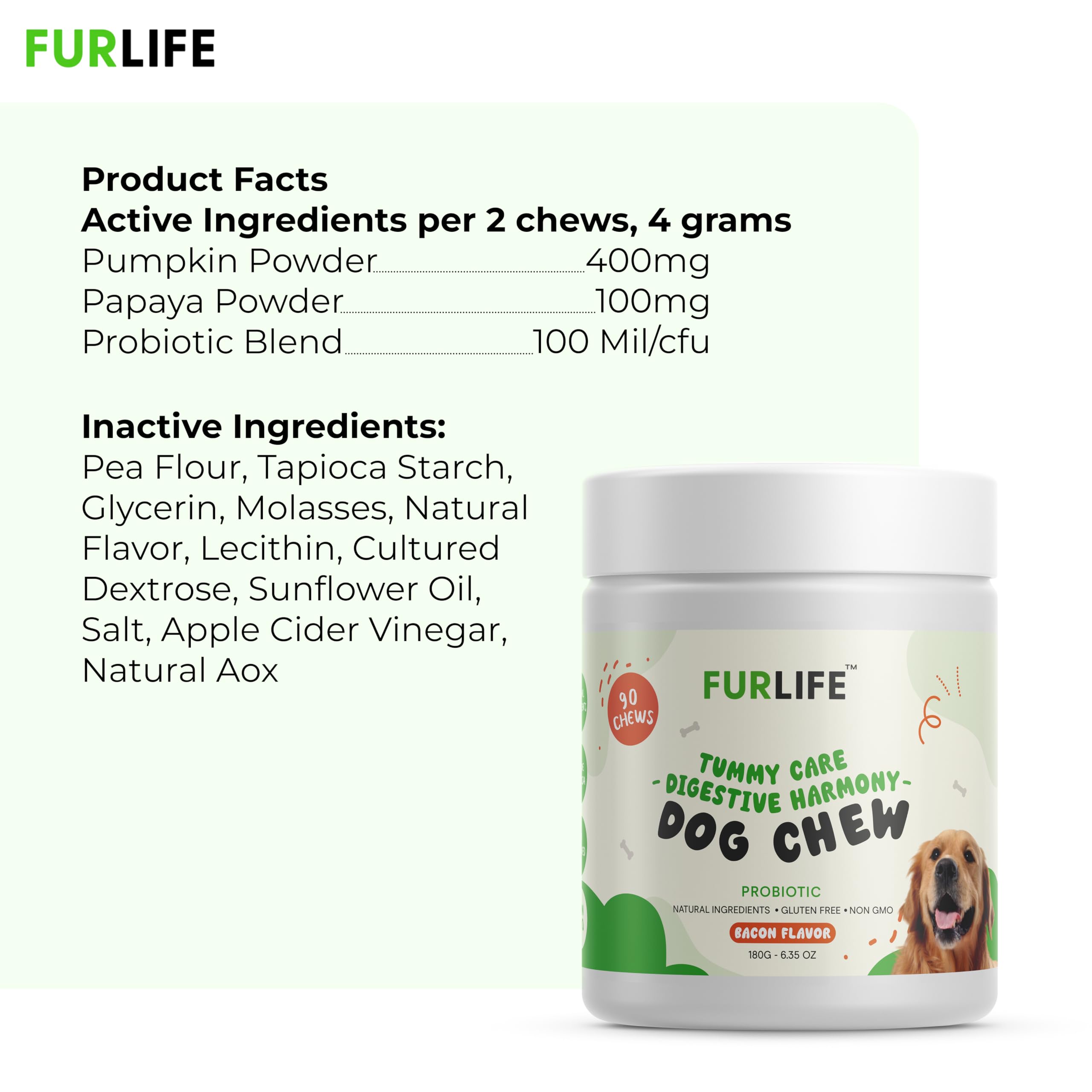 FurLife - Probiotics for Dogs - Digestive Enzymes for Gut Flora, Digestive Health, Diarrhea & Bowel Support - Supplement Soft Chew for Pet Immune System - Bacon - 90 Chews