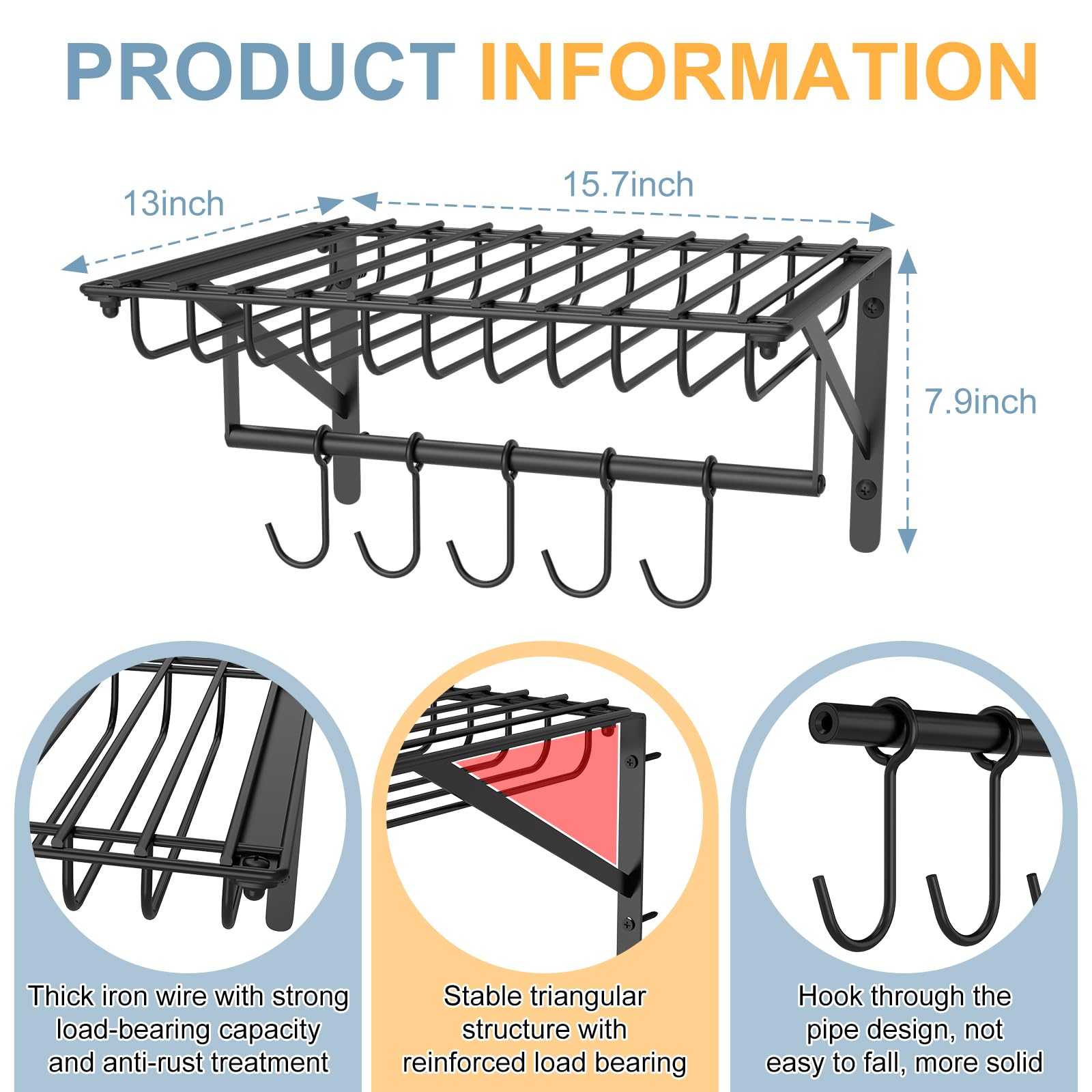 Hongtamoy 2 Packs Wall Mounted Pot Lid Rack Organizer, Hanging Pot and Pan Lid Organizer for Kitchen with 10 Upgrade Hooks, Pot Lid Holder for Cookware,Pans,Utensils Organization, Black