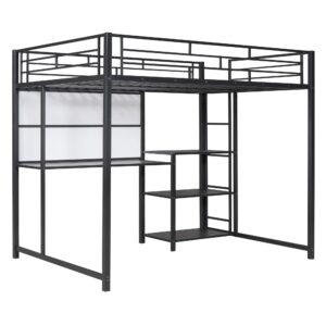 Full Size Loft Bed with Desk and Storage Shelves, Metal Loft Bed Full Size with Whiteboard and 3-Tier Shelves, Full Size Loft Bed for Kids, Teens (Black Full)