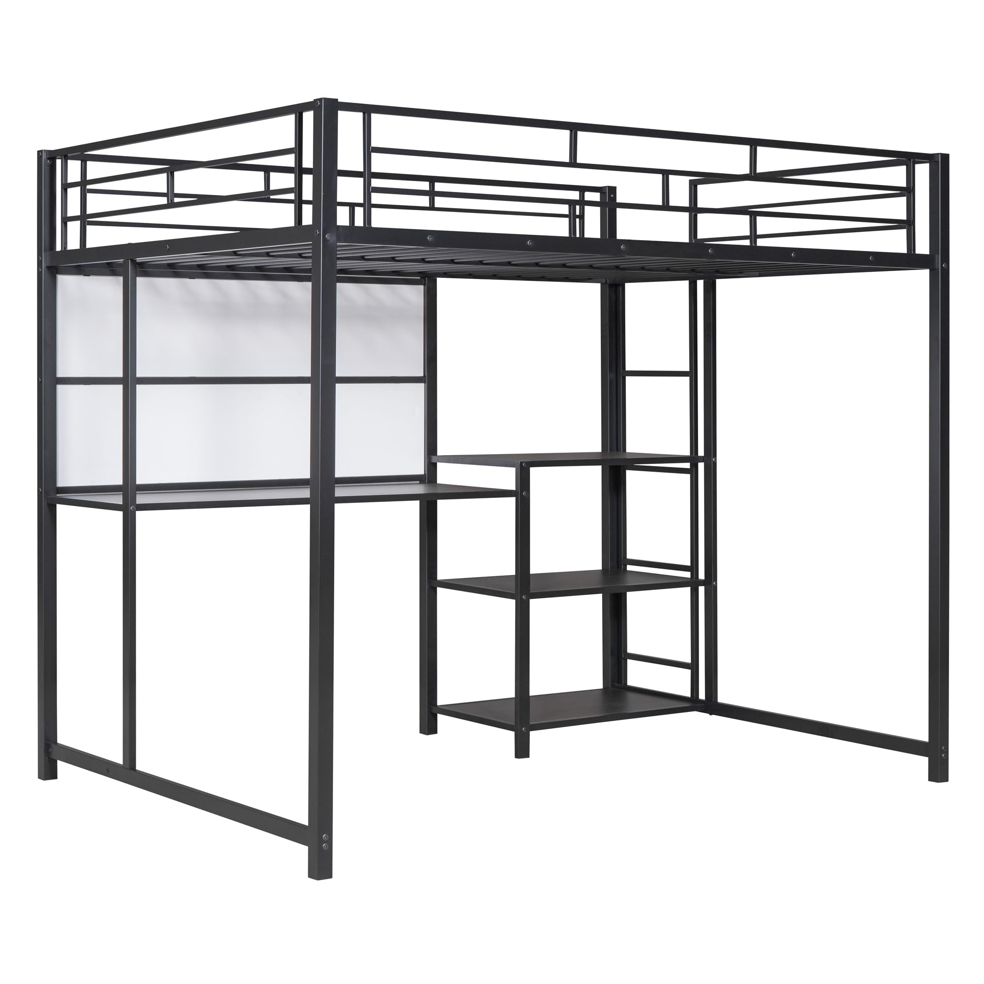 Full Size Loft Bed with Desk and Storage Shelves, Metal Loft Bed Full Size with Whiteboard and 3-Tier Shelves, Full Size Loft Bed for Kids, Teens (Black Full)