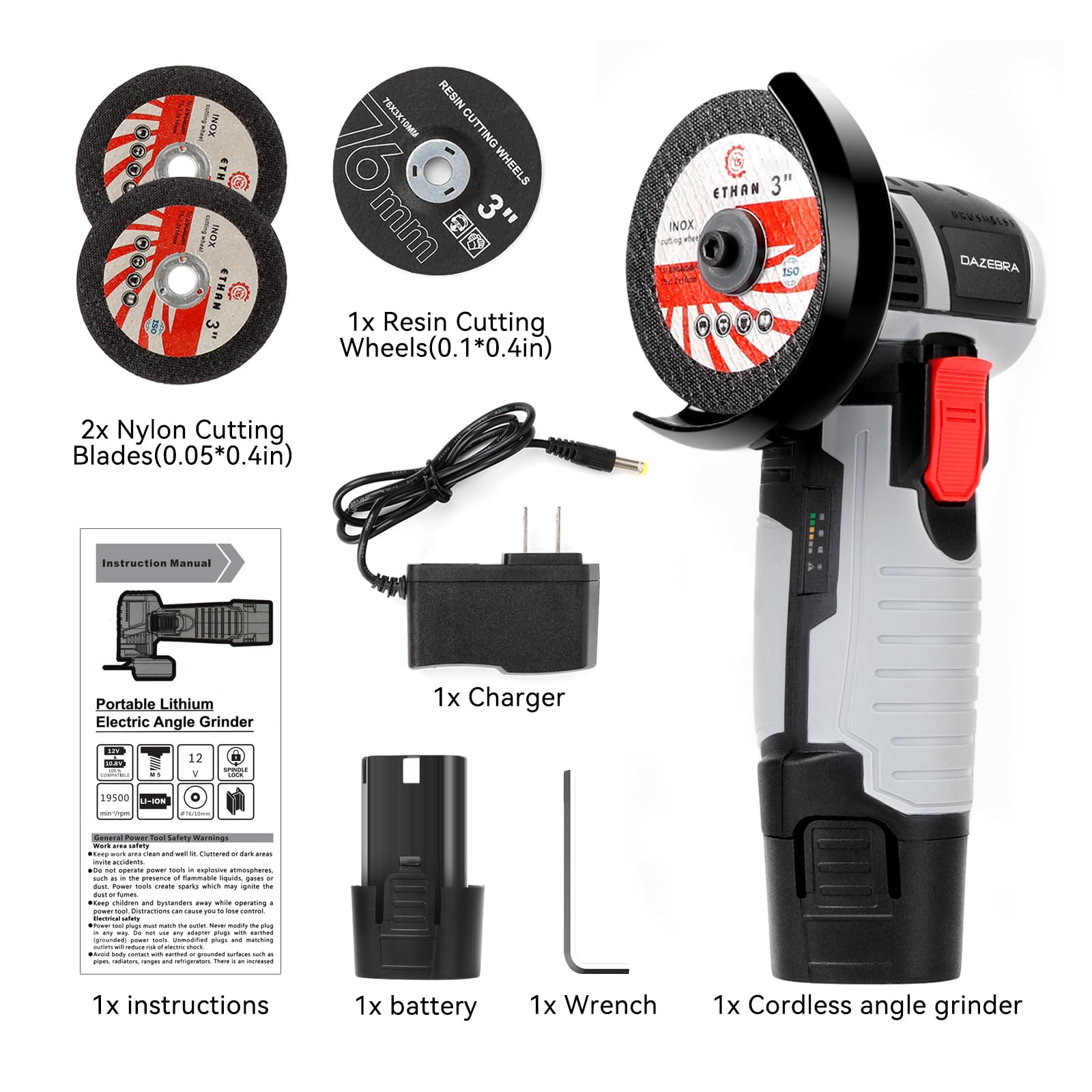 Cordless Angle Grinder, 19500rpm Cordless Grinder with 1pcs 12V 1500mAh Batteries and 3-Cutting Discs Metal Grinder for Metal Stone Wood