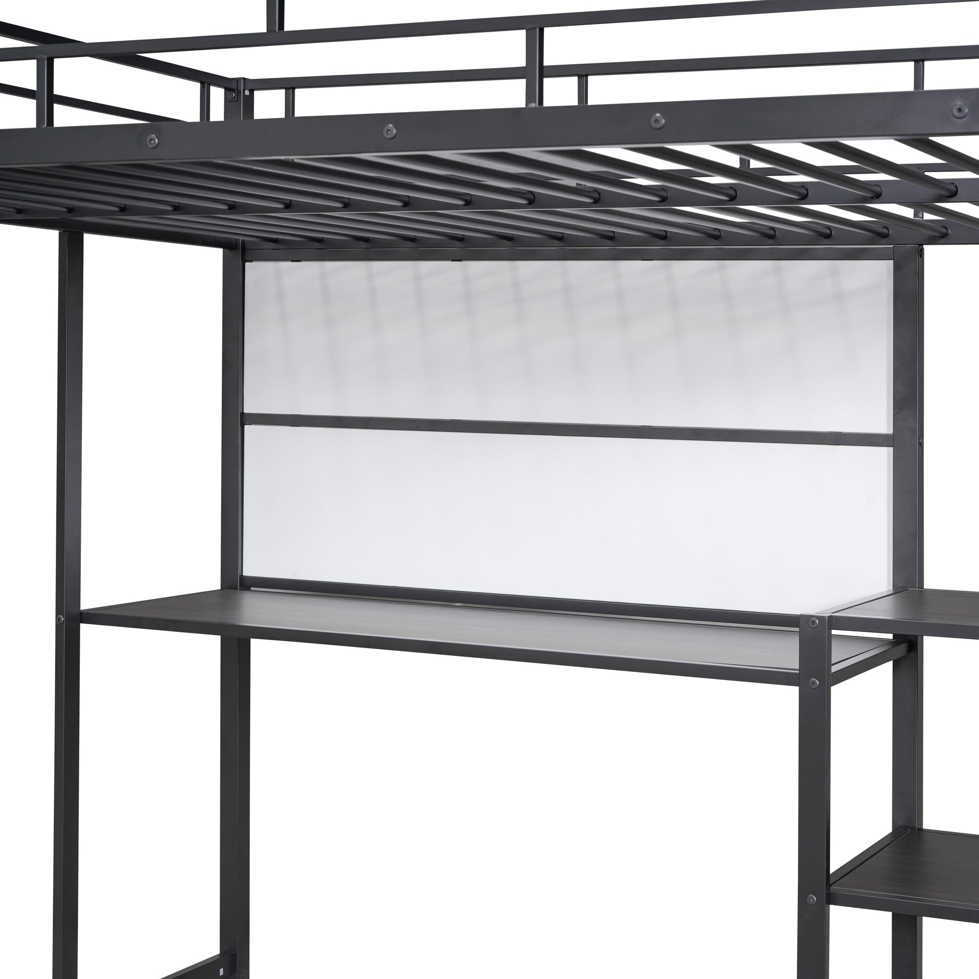 Full Size Loft Bed with Desk and Storage Shelves, Metal Loft Bed Full Size with Whiteboard and 3-Tier Shelves, Full Size Loft Bed for Kids, Teens (Black Full)