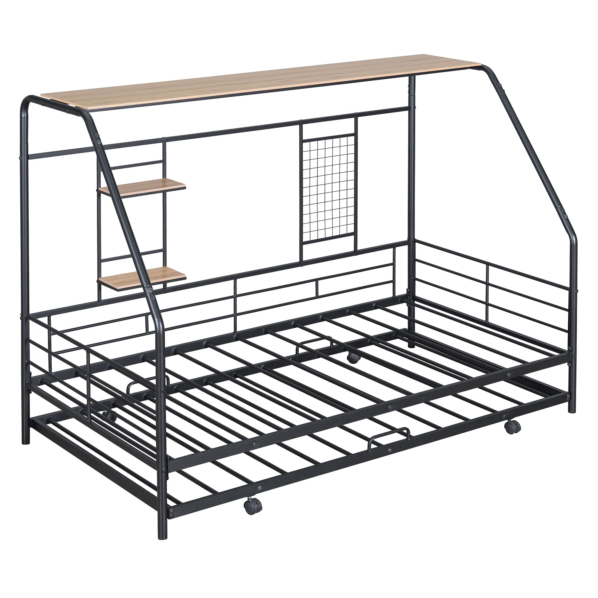 RUNNA Metal House Bed with Trundle, Built-in Shelf and Grid, Heavy Duty Metal Day Bed with Guardrail for Kids Boys Girls (Black, Twin)