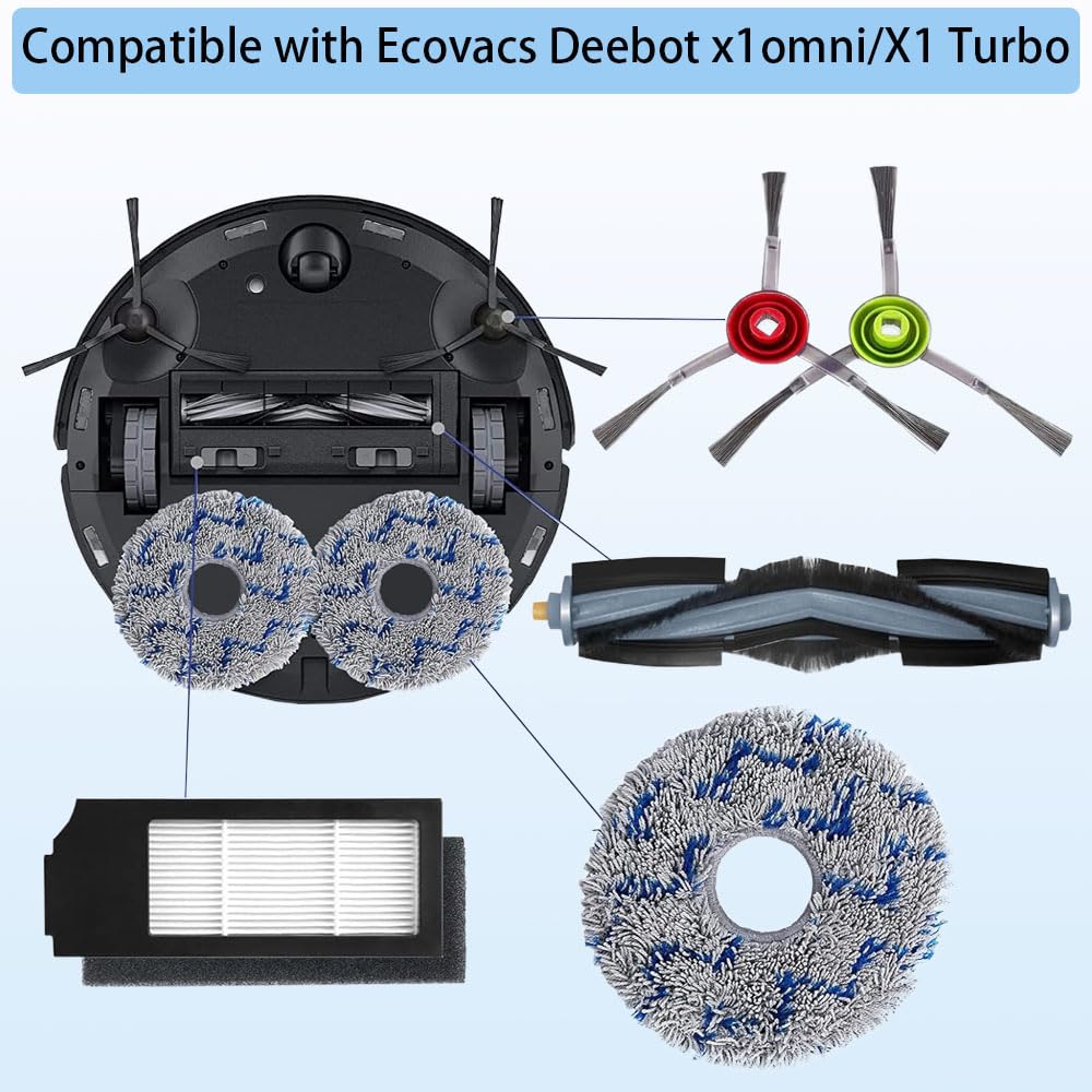 28 PCS Replacement Accessaries Kit Set for ECOVACS DEEBOT X1 Omni Turbo T10 T20 Omni T20/T20 Max/T20 ProRobot Vacuum Cleaner, 2 Main Brush, 8 Side Brushes, 4 Filter, 8 Mop Pads, 4 Dust Bag