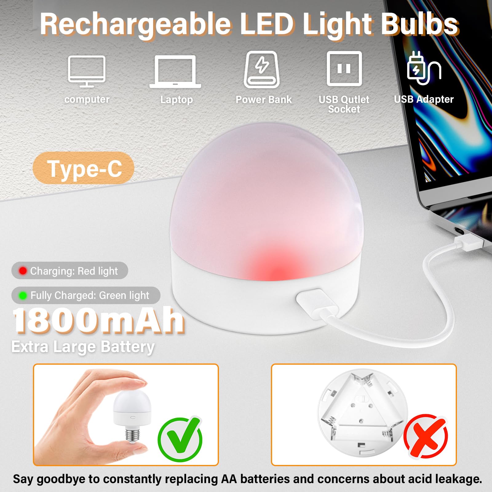 E12 Rechargeable Light Bulbs with Remote Control Timer and 15 Color Temperature,350LM,Removable Base,Magnetically,Battery Operated Light Bulbs,USB Fast Charging,Dimmer,for Non-Hardwired,2Packs