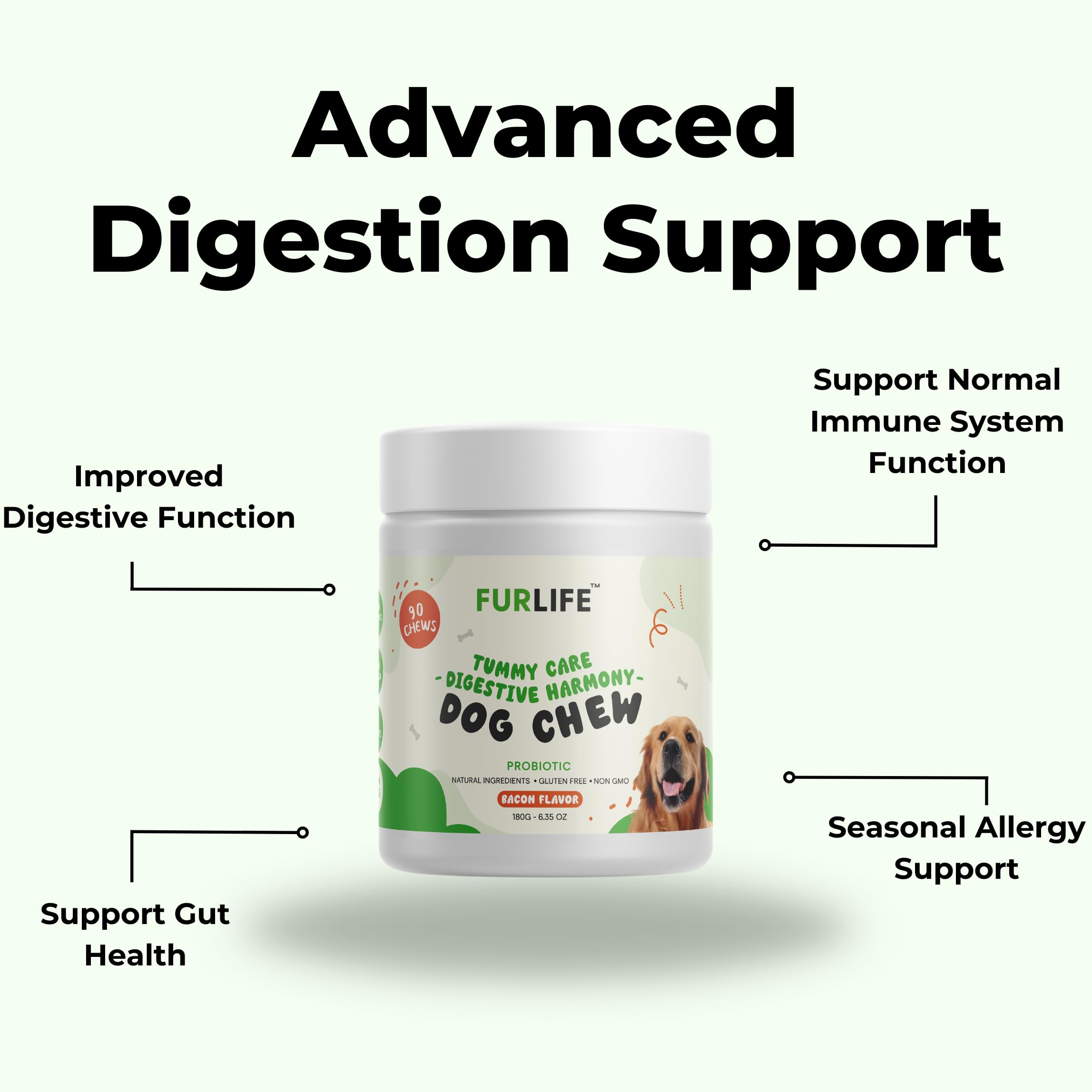 FurLife - Probiotics for Dogs - Digestive Enzymes for Gut Flora, Digestive Health, Diarrhea & Bowel Support - Supplement Soft Chew for Pet Immune System - Bacon - 90 Chews