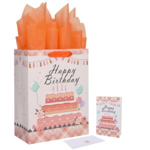 13" large light orange gift bag set with greeting card and tissue papers (cake design) for women's party, girls', or kids' parties, baby shower - 10.2”x5.2”x13”, 1 pcs.