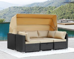 grepatio rattan furniture daybed with canopy 6 pieces outdoor day bed wicker sectional sofa set patio furniture set with adjustable backrest and cushions storage table (6 pieces khaki without tape)