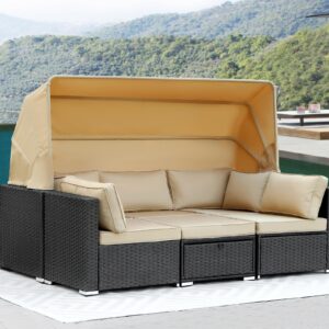 Grepatio Rattan Furniture Daybed with Canopy 6 Pieces Outdoor Day Bed Wicker Sectional Sofa Set Patio Furniture Set with Adjustable Backrest and Cushions Storage Table (6 Pieces Khaki Without Tape)