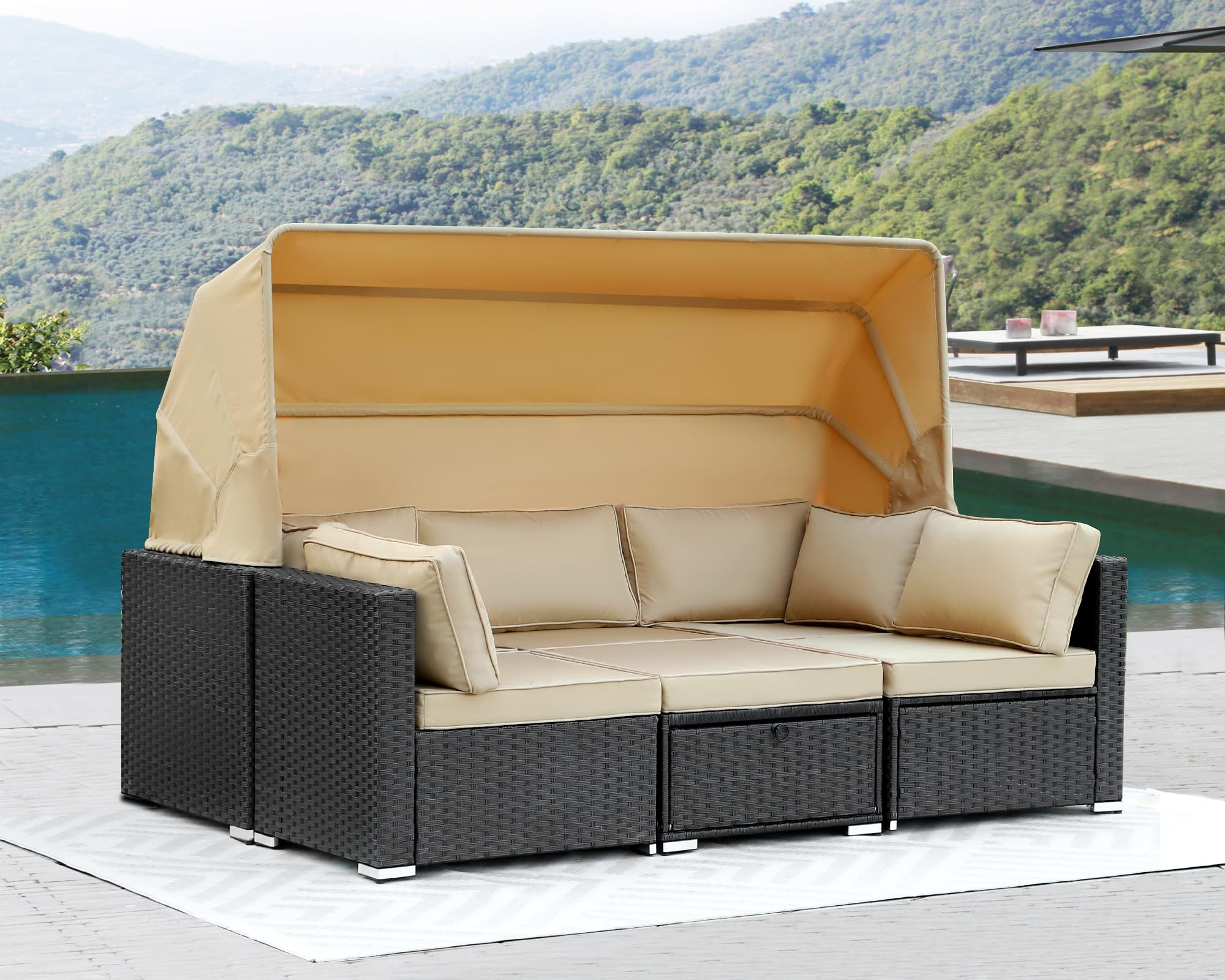 Grepatio Rattan Furniture Daybed with Canopy 6 Pieces Outdoor Day Bed Wicker Sectional Sofa Set Patio Furniture Set with Adjustable Backrest and Cushions Storage Table (6 Pieces Khaki Without Tape)