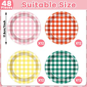 Lonfliness 48Pcs Camp Gingham Paper Plates 7Inch Gingham Checkered Bachelorette Party Supplies Glamping Birthday Tableware Dinnerware Set Summer Plaid Camping Themed Party Favors Baby Bridal Shower