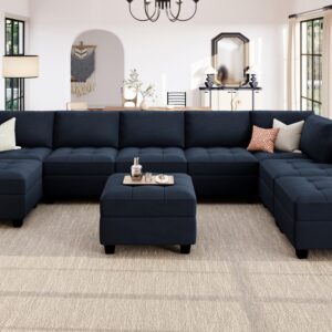 HONBAY U Shaped Modular Sectional Couch with Storage Velvet Sectional Couches for Living Room Blue