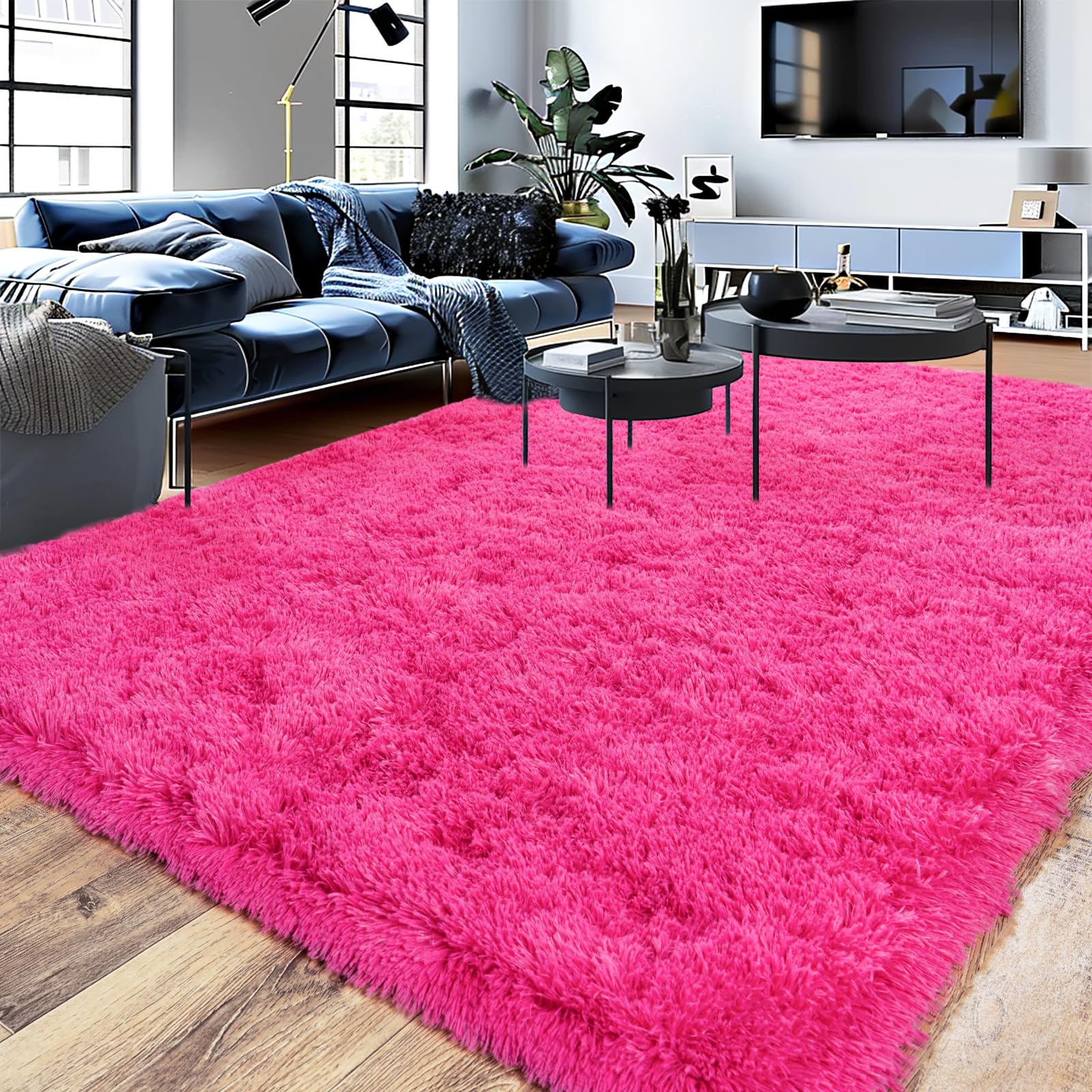 Shaggy 8x10 Area Rugs, Hot Pink Rug-Fuzzy Rugs for Kids Bedroom, Soft Play Nursery Area Rug for Girls, Shag Area Rugs Non Slip, Fluffy Faux Fur Rug Carpet