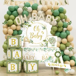 sage green baby shower decorations, gender neutral baby shower decorations, greenery baby shower party supplies, oh baby backdrop tablecloth balloon garland baby box welcome baby banner