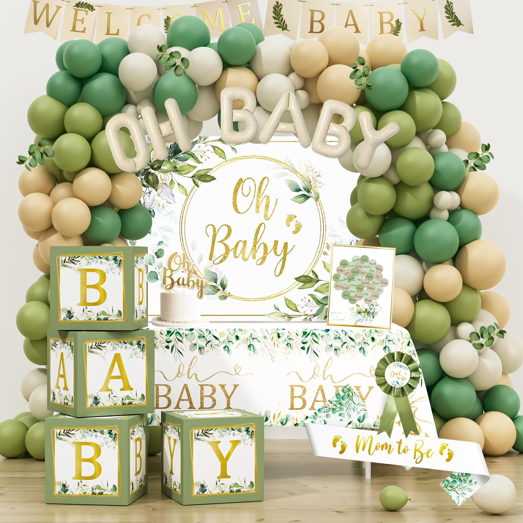 Sage Green Baby Shower Decorations, Gender Neutral Baby Shower Decorations, Greenery Baby Shower Party Supplies, Oh Baby Backdrop Tablecloth Balloon Garland BABY Box Welcome Baby Banner