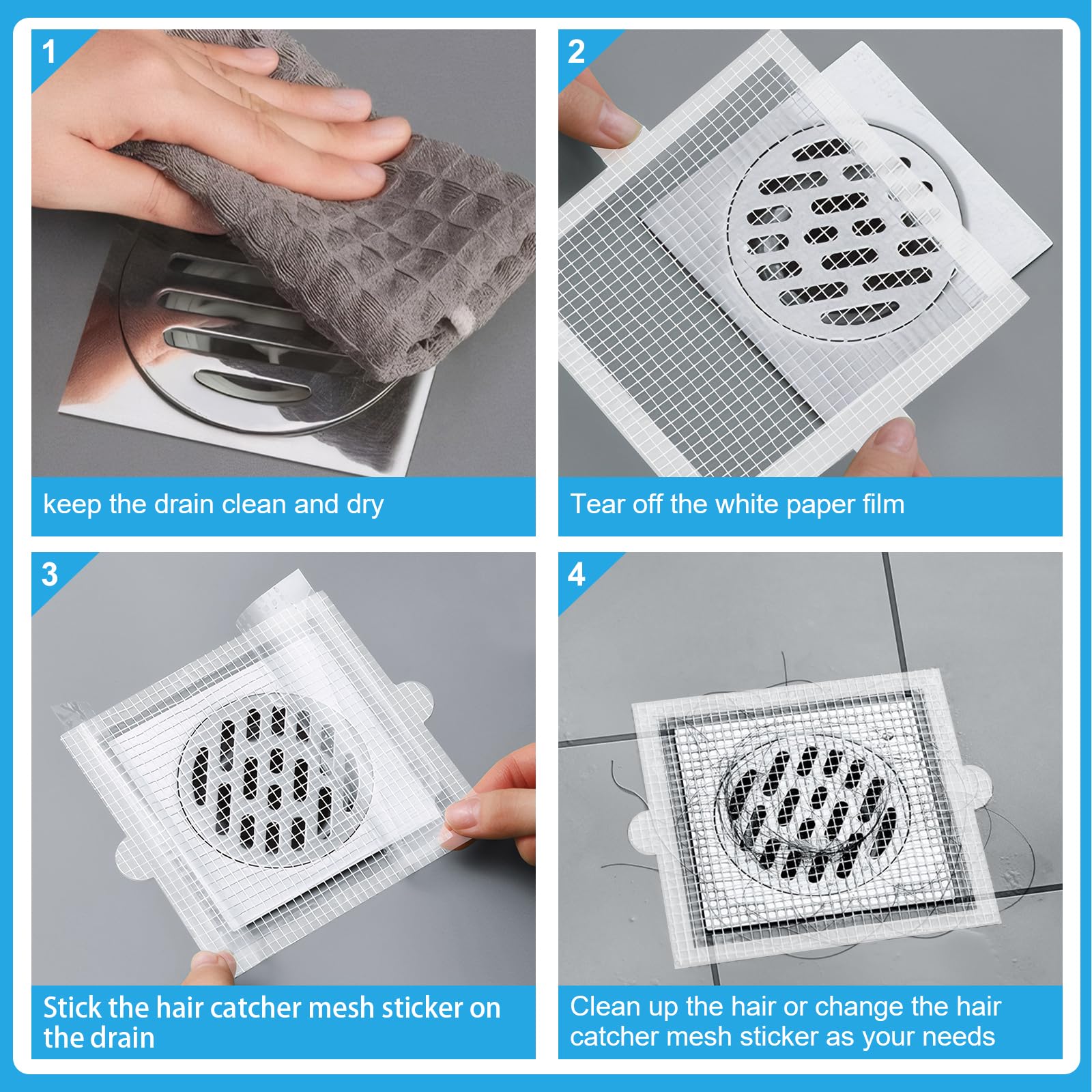 Qoosea 30 Pack Disposable Shower Drain Hair Catcher Shower Drain Cover Hair Catcher Mesh Stickers for Bathroom Washbasin Bathtub Kitchen Sink for Human and Pet Hair