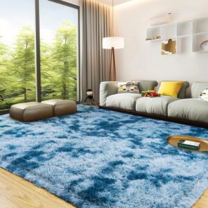 Tie-Dyed Blue Shaggy Rugs Fluffy Carpets, Indoor Modern Plush Area Rugs for Living Room, Upgrade Anti-Skid Area Rug, Rectangular 4x6 Feet Fuzzy Rug for Nursery Home Decor