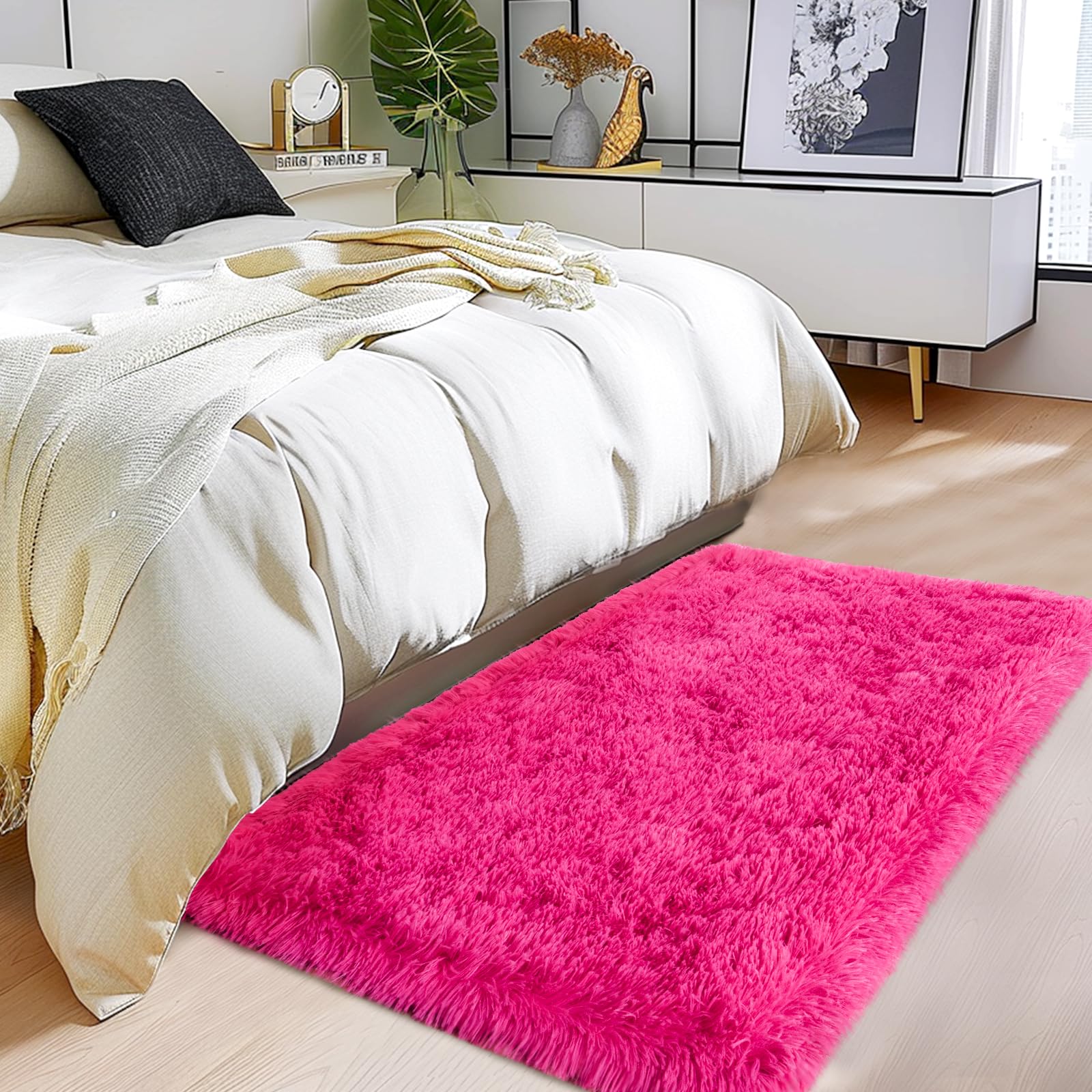 Fluffy Rug for Living Room,Furry Carpet for Teen,Shaggy Rug for Nursery Room, Hot Pink Fuzzy Plush Rug for Dorm, Rectangle Shag Rug 2x3 Feet