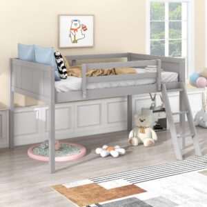 Twin Size Low Loft Bed for Kids,Solid Wood Low Loft Bed with Safety Ladder,Kids Loft Bed Frame Twin Size with Guardrail,Space Saving Loft Bed for Girls Boys (Gray)