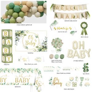 Sage Green Baby Shower Decorations, Gender Neutral Baby Shower Decorations, Greenery Baby Shower Party Supplies, Oh Baby Backdrop Tablecloth Balloon Garland BABY Box Welcome Baby Banner