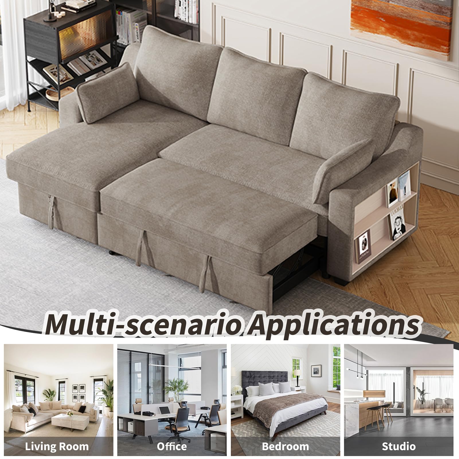 90" Pull Out Sleeper Sofa L-Shaped Couch, Sectional Sofa Bed with Storage Chaise, Storage Racks and USB Ports for Living Room, Apartment, Office, Light Brown