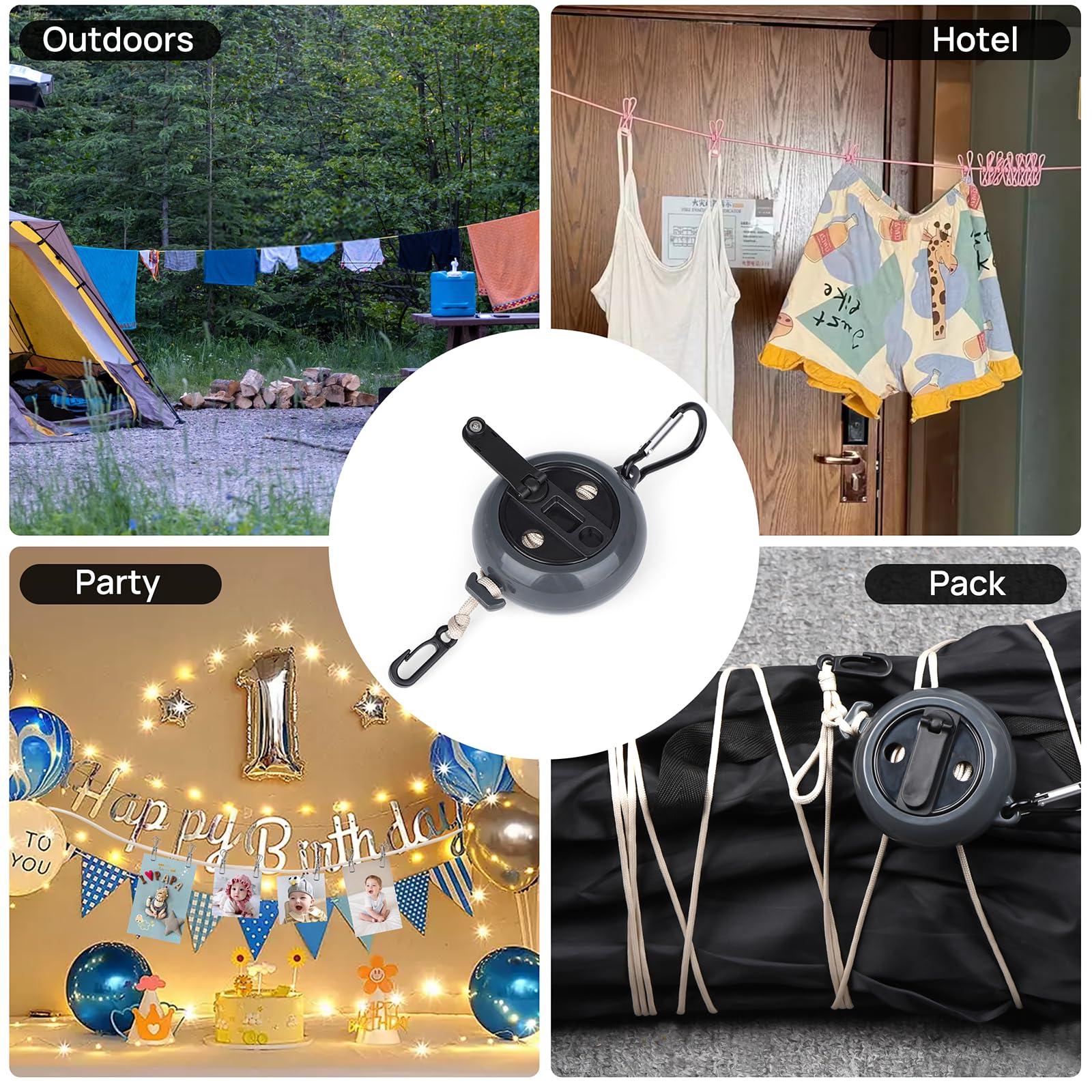 33FT Retractable Clothesline, Portable Travel Clothes Line, Adjustable Camping Drying Line with 20 Clothespins & 10 Stoppers & 4 Hanger Clips, Lightweight Laundry Line for Indooor Outdoor Travel Hotel