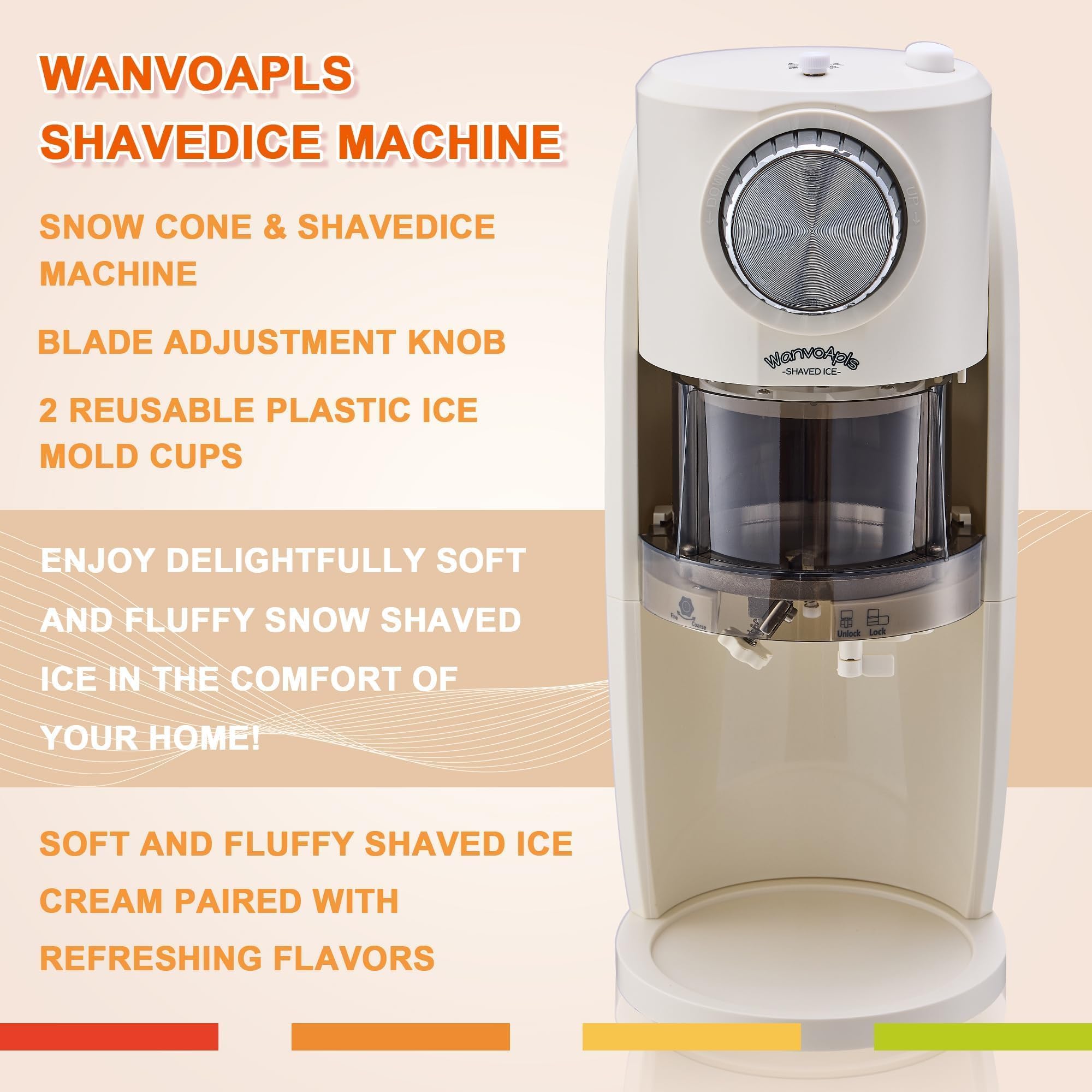 Wanvoapls Shaved Ice Machine - Snow Cone Machine for Homemade Shaved Ice, Snow Cones, Slushie Ice Shaver With Stainless Steel Blade Adjustment Knob, 2 Reusable Ice Mold Cup for snowflakes - White