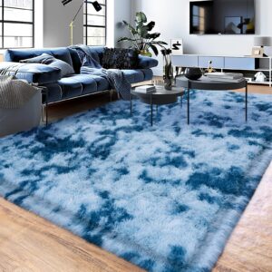 tie-dyed blue shaggy rugs fluffy carpets, indoor modern plush area rugs for living room, upgrade anti-skid area rug, rectangular 4x6 feet fuzzy rug for nursery home decor