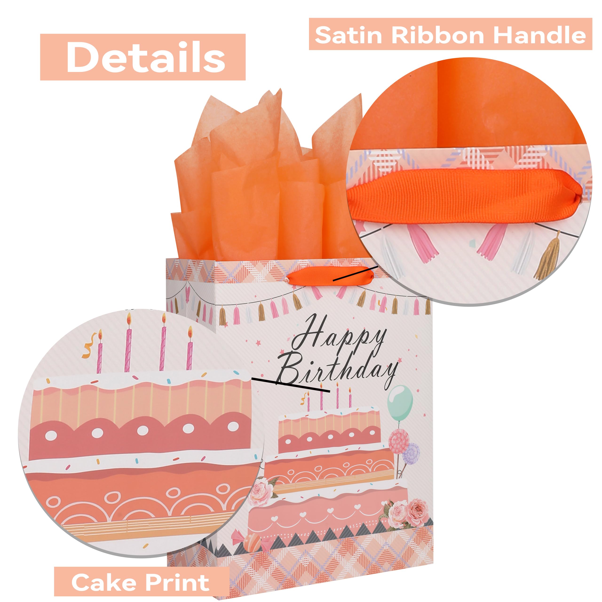 13" Large Light Orange Gift Bag Set with Greeting Card and Tissue Papers (Cake Design) for Women's Party, Girls', or Kids' Parties, Baby Shower - 10.2”x5.2”x13”, 1 Pcs.