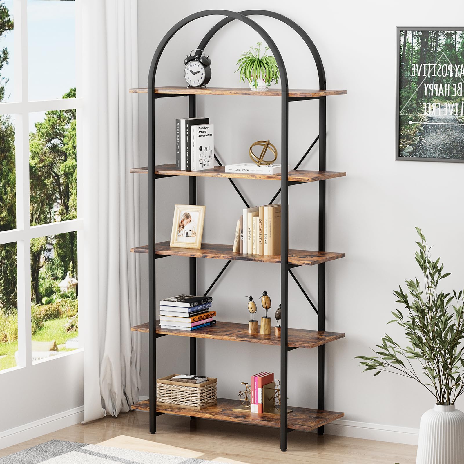 Arbuxzuy Arched Bookshelf 5 Tier Book Shelf, 31.5 Inch Width Industrial Arch Bookcase, Curved Tall Bookshelf with Open Shelves for Home Office, Living Room, Bedroom, Rustic Brown