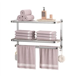 generic nicetaku 23inch 3-tier towel racks for bathroom with shelf, multilayer hotel towel holder with hooks, stainless steel wall-mounted brushed finish towel bars, silver