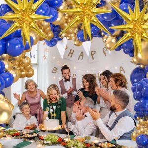 176 Pack Royal Blue Gold Balloons Garland Arch Kit with 3pcs 27 Inch Big Foil Starburst Balloons,Blue and Gold Confetti Balloons for Birthday Graduation New Year Decoration