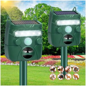 2 pcs solar ultrasonic animal repellent outdoor cat deterrent with pir motion sensor flash light to scare away cat dog raccoon skunk deer rabbit, deer repellent skunk repellent dog repellent for yard