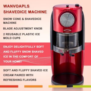 Wanvoapls Shaved Ice Machine - Snow Cone Machine for Homemade Shaved Ice, Snow Cones, Slushie Ice Shaver With Stainless Steel Blade Adjustment Knob, 2 Reusable Ice Mold Cup for snowflakes - Retro Red